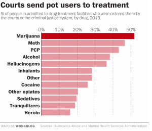 As reported in the Washington Post on 12/14/15, "In 2013, more than half of marijuana users in treatment were sent there by the courts or the criminal justice system. That's more than the share of court-ordered referrals for any other drug, including far more deadly ones like alcohol and heroin."